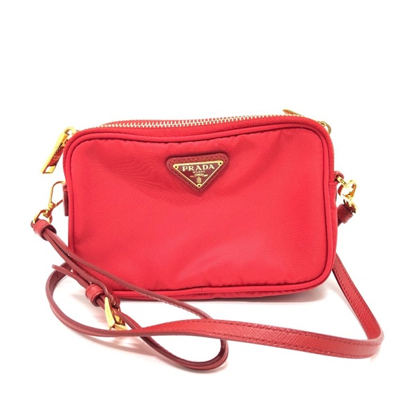 PRADA triangle logo triangle logo plate Crossbody Pochette Shoulder Bag Red - Picture 1 of 14